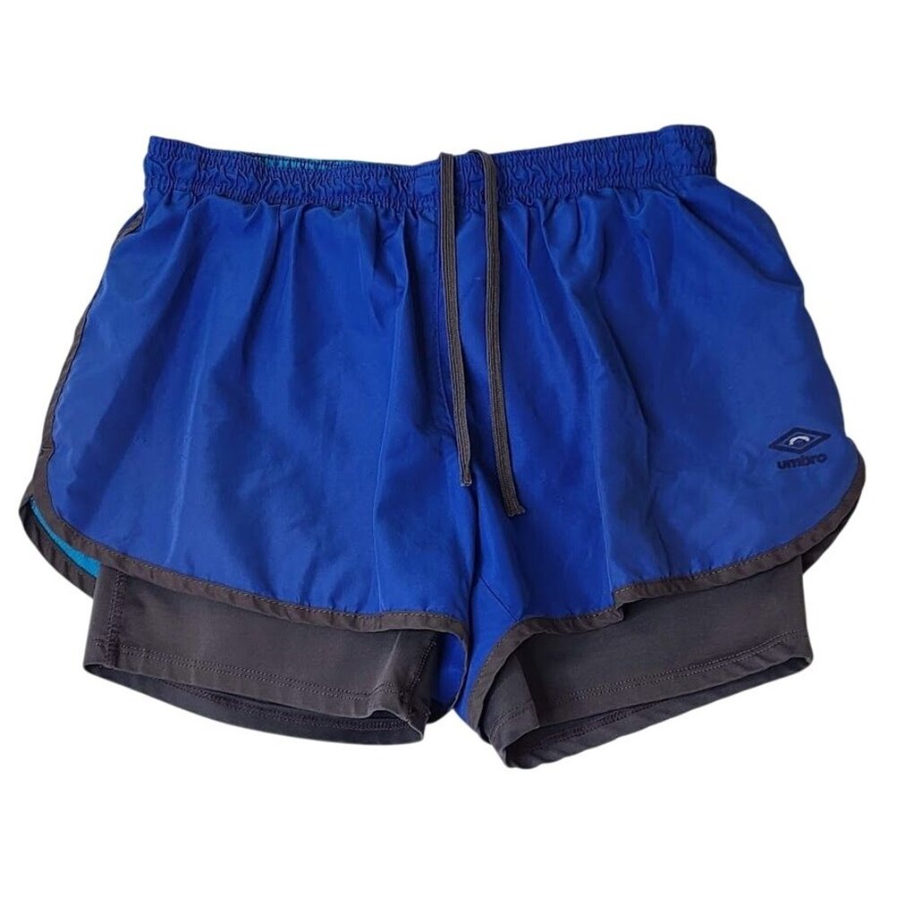 Umbro Women's Blue Double-Layer Running Shorts Elastic Waist Inner Pocket